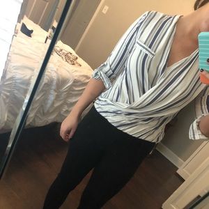 Blue and white striped wrap top